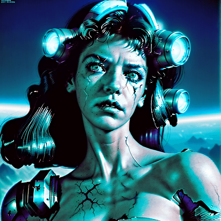 AI generated: a Beautiful rugged female post apocalyptic retrowave synthwave cyborg hero, space age, creepy eerie ...