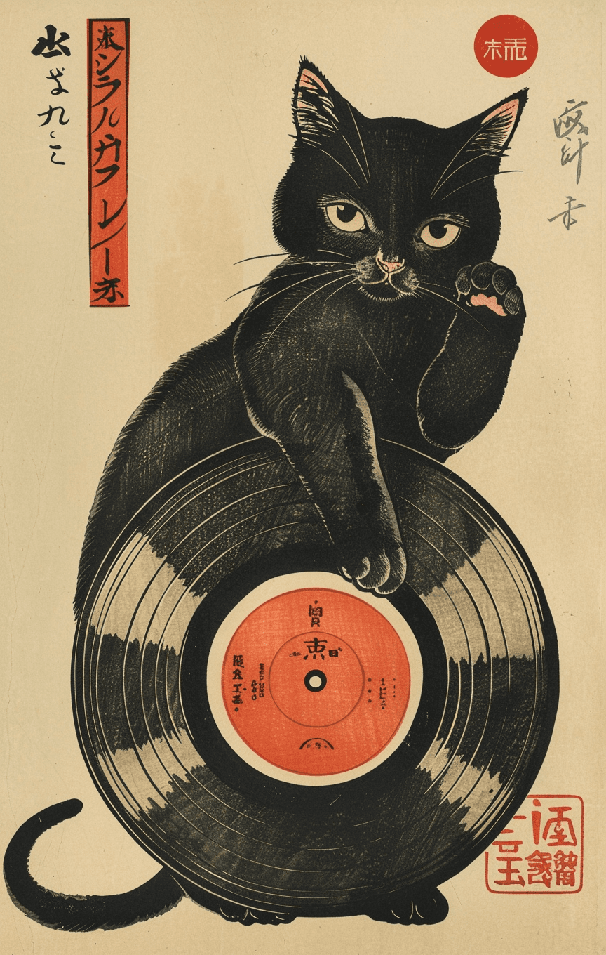 AI generated: vintage Japanese postcard, in the style of Kentaro Miura, featuring a black cat holding a vinyl reco...
