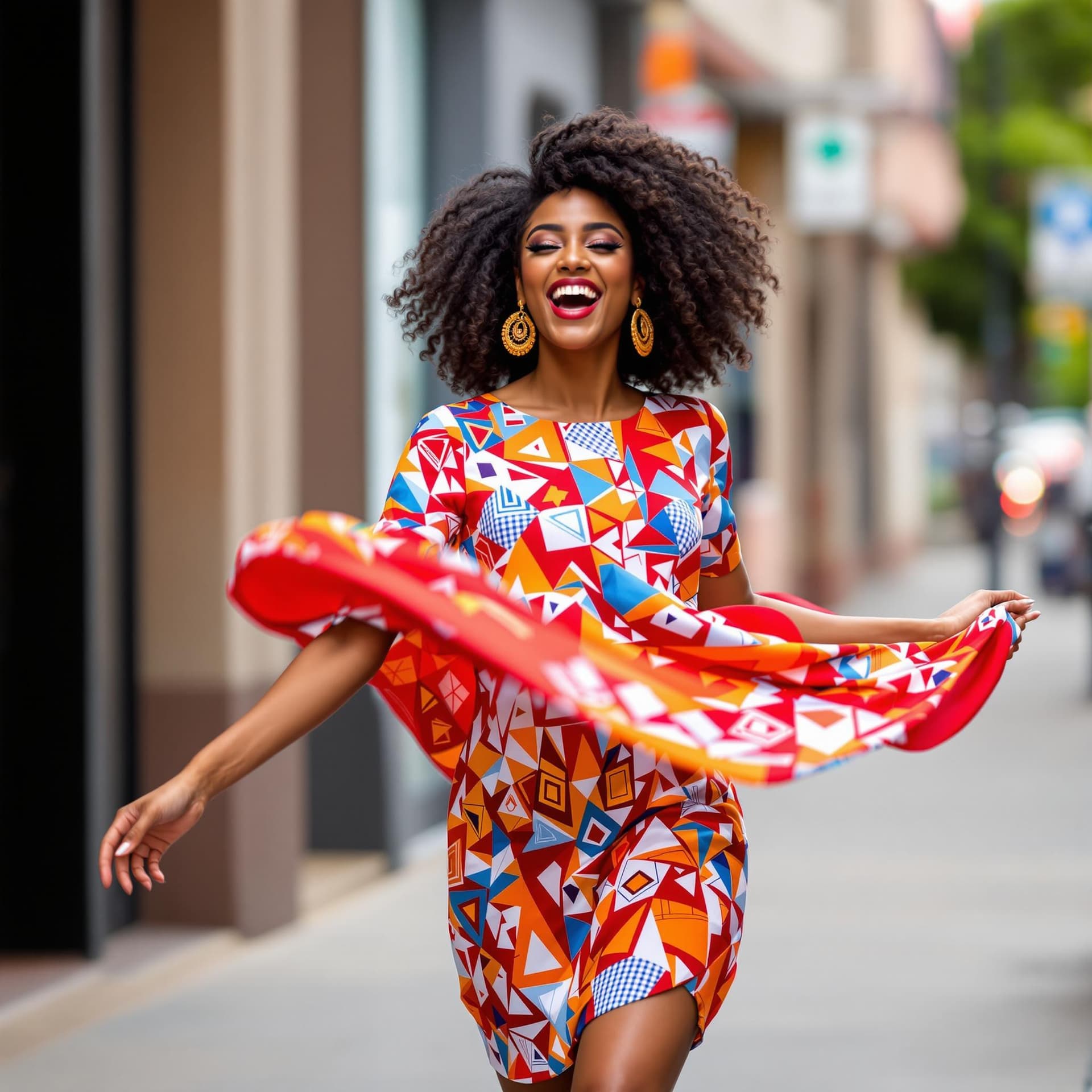 AI generated: The image depicts a joyful woman twirling in a vibrant red dress adorned with geometric patterns in ...