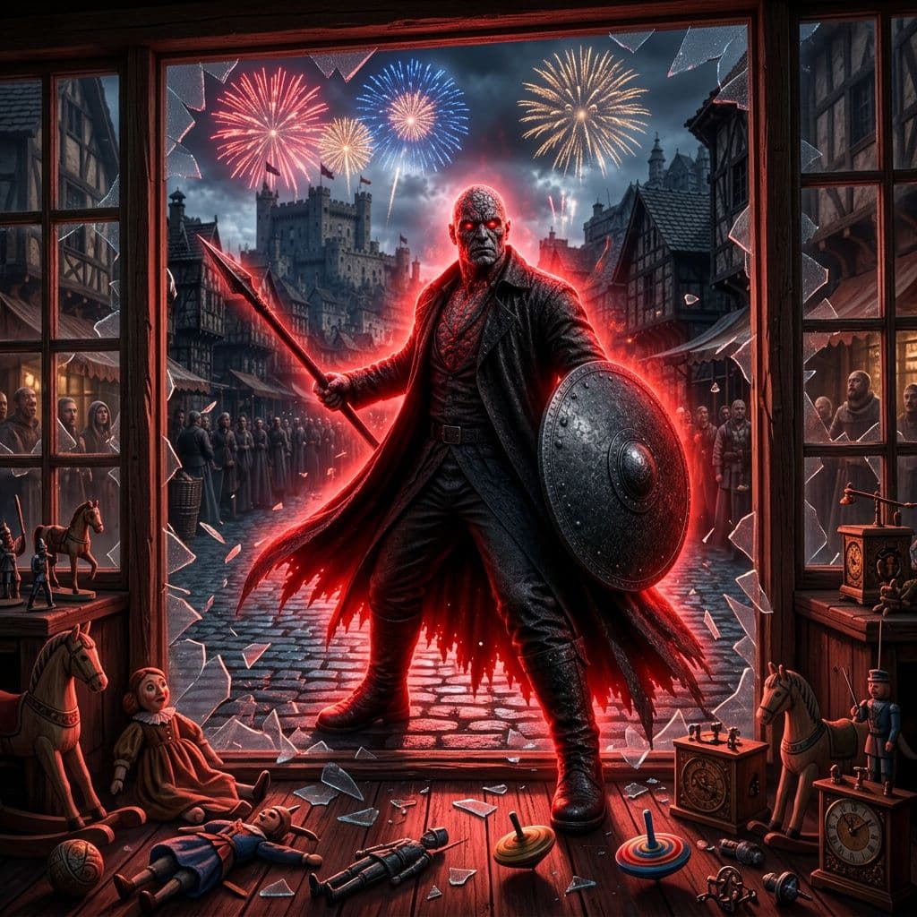 AI generated: a large golem male radiating a red glow busting into a medieval toy store through the front picture ...