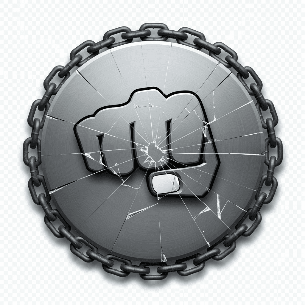 AI generated: "Circular dimmed grey metallic fist, cracked glass overlay, chains, desaturated, transparent bg, 320...