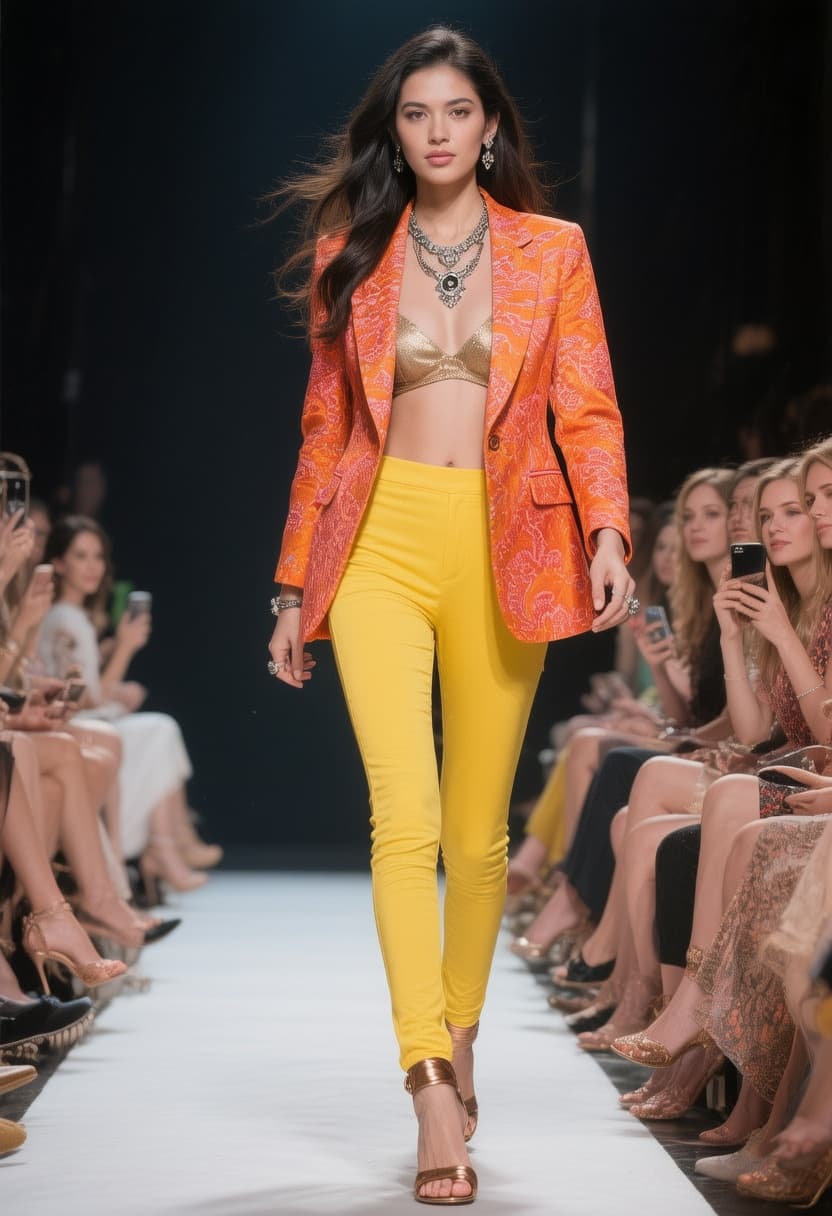 AI generated: A fashion model confidently walks down a runway, showcasing a vibrant orange patterned blazer and br...