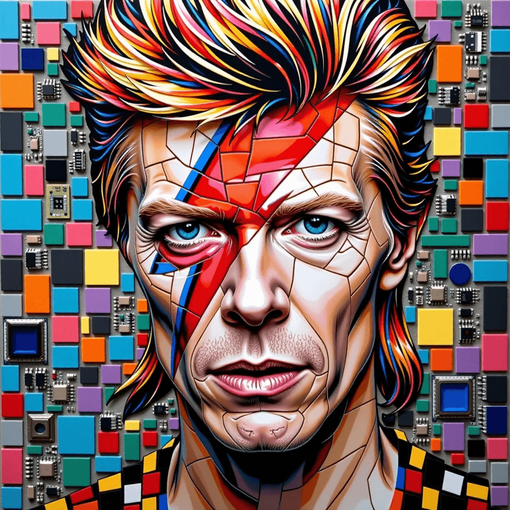 AI generated: A vibrant mosaic portrait of David Bowie, constructed from carefully arranged fragments of recycled ...