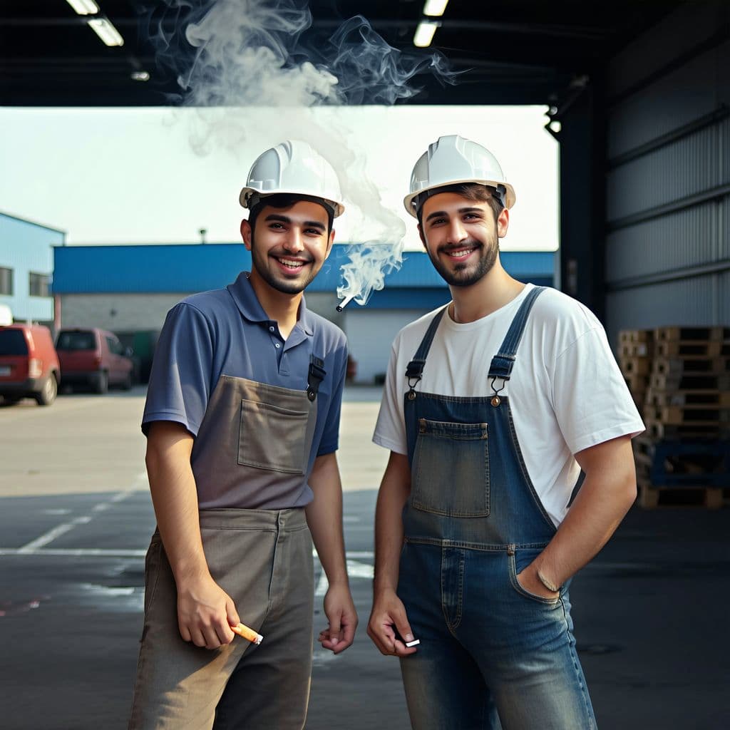 AI generated: two factory workers stand and look at the camera, smiling, smoking a cigarette at the factory gate

