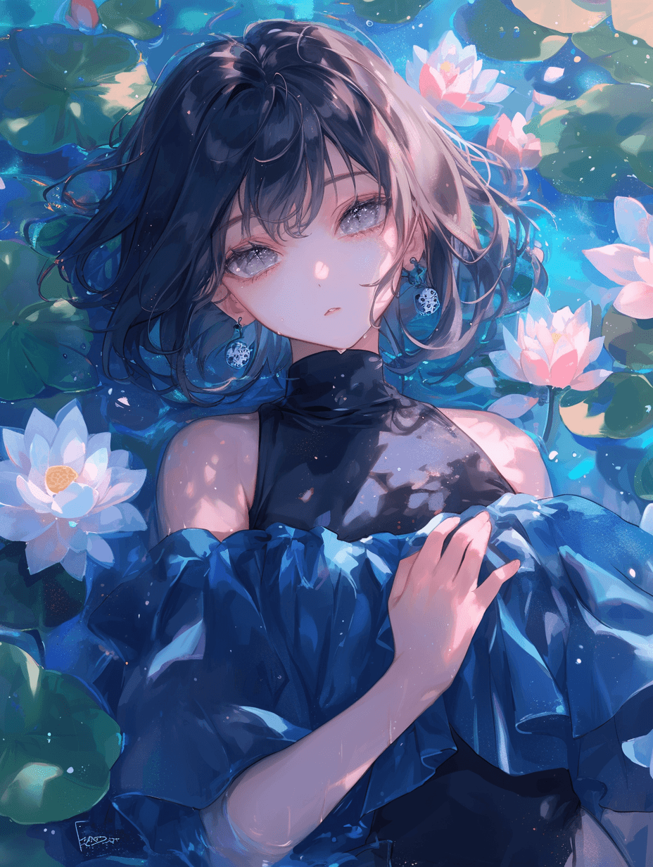 AI generated: shorthaired anime girl, wearing a blue dress, grey eyes, with lotus flowers and water lilies around,...