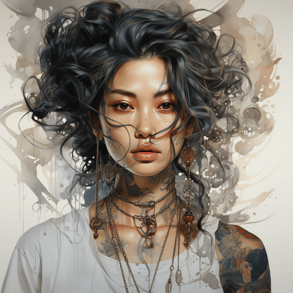 AI generated: an asian woman wearing a white shirt and jewelry, in the style of tattoo, webcam photography, dark g...