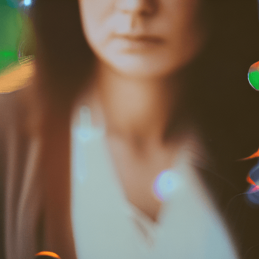 AI generated: A woman with dark wavy hair stands outdoors at dusk, facing the camera with a serious expression. Sh...