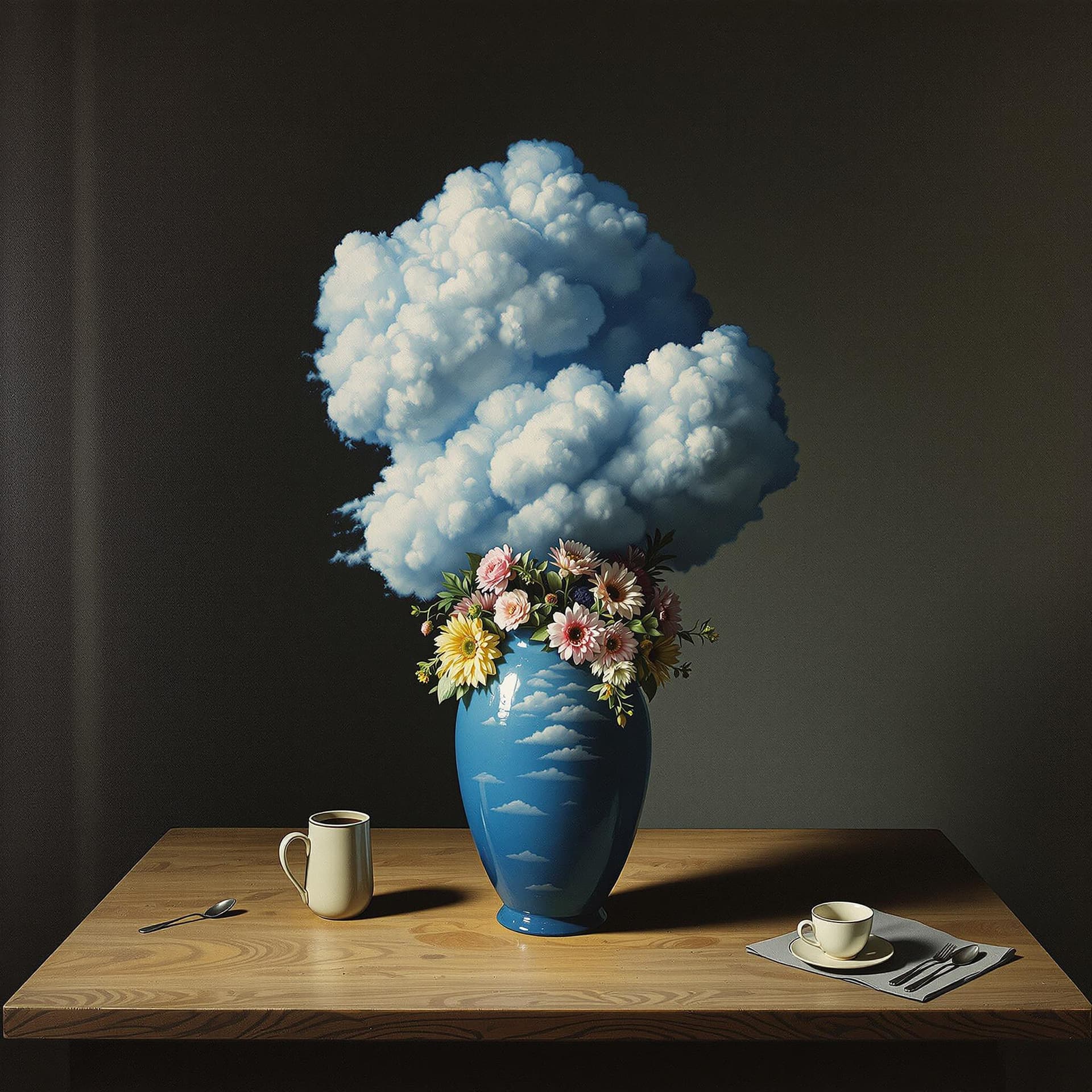 AI generated: A surreal painting inspired by René Magritte. The composition features a reversed still life: the ce...