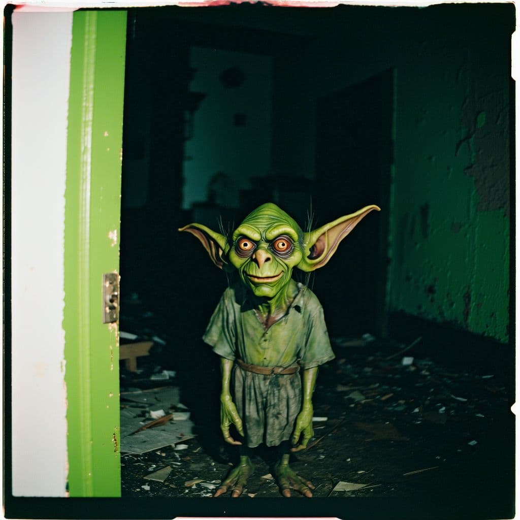 AI generated: grainy 80's photograph quality polaroid of a goblin caught in an abandoned house, dark, uncanny
