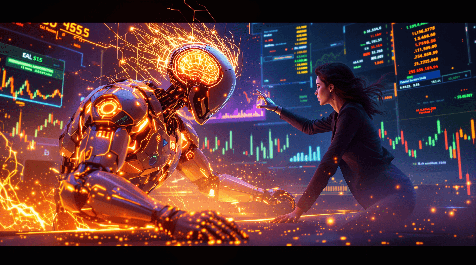 AI generated: A dramatic neon-lit battle scene between a glowing robot with an AI brain and a woman on a futuristi...