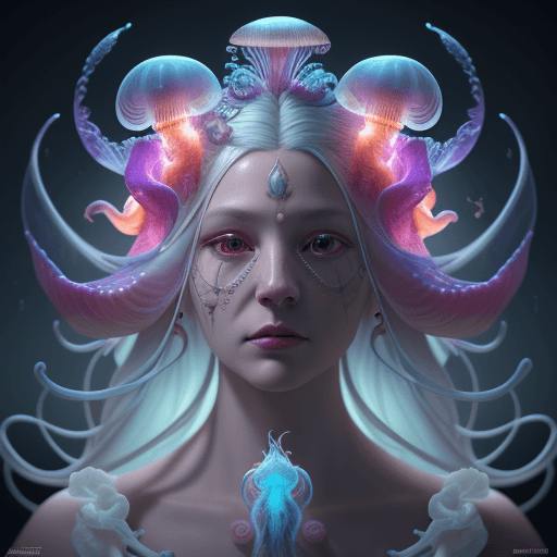 AI generated: Goddess close-up portrait ribcagel. jellyfish phoenix head, nautilus, orchid, skull, betta fish, bio...