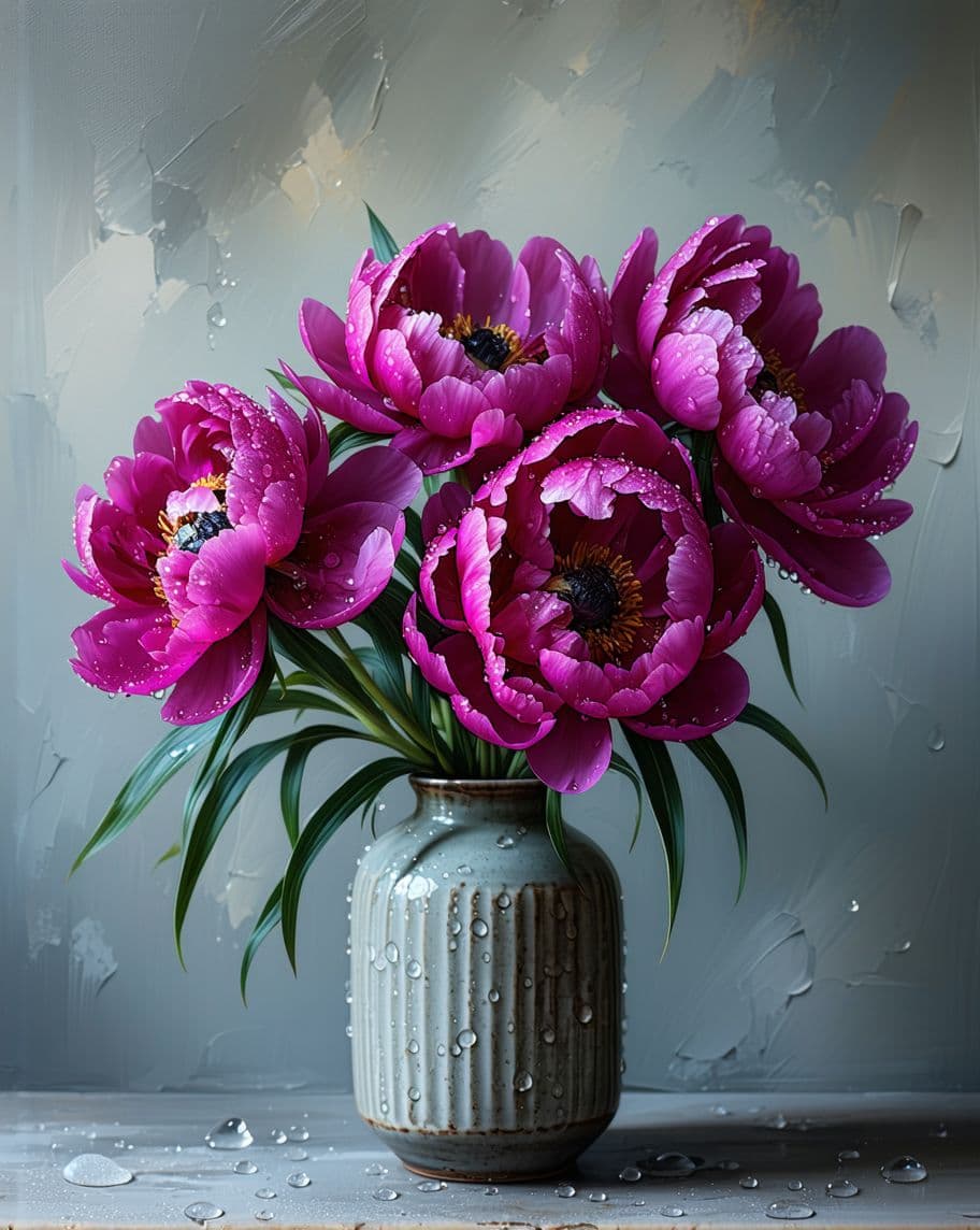 AI generated: Three vibrant sunflowers in a monochromatic vase are adorned with glistening water droplets, creatin...