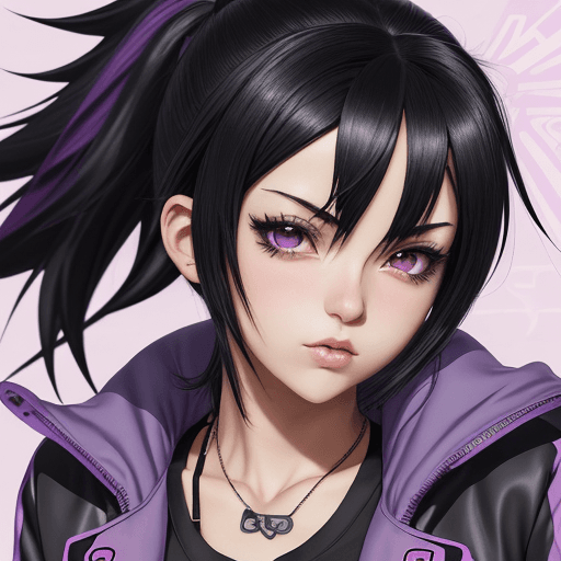 AI generated: Close up of a person with black hair and a purple jacket, sporty anime girl, with big boobs, cute an...