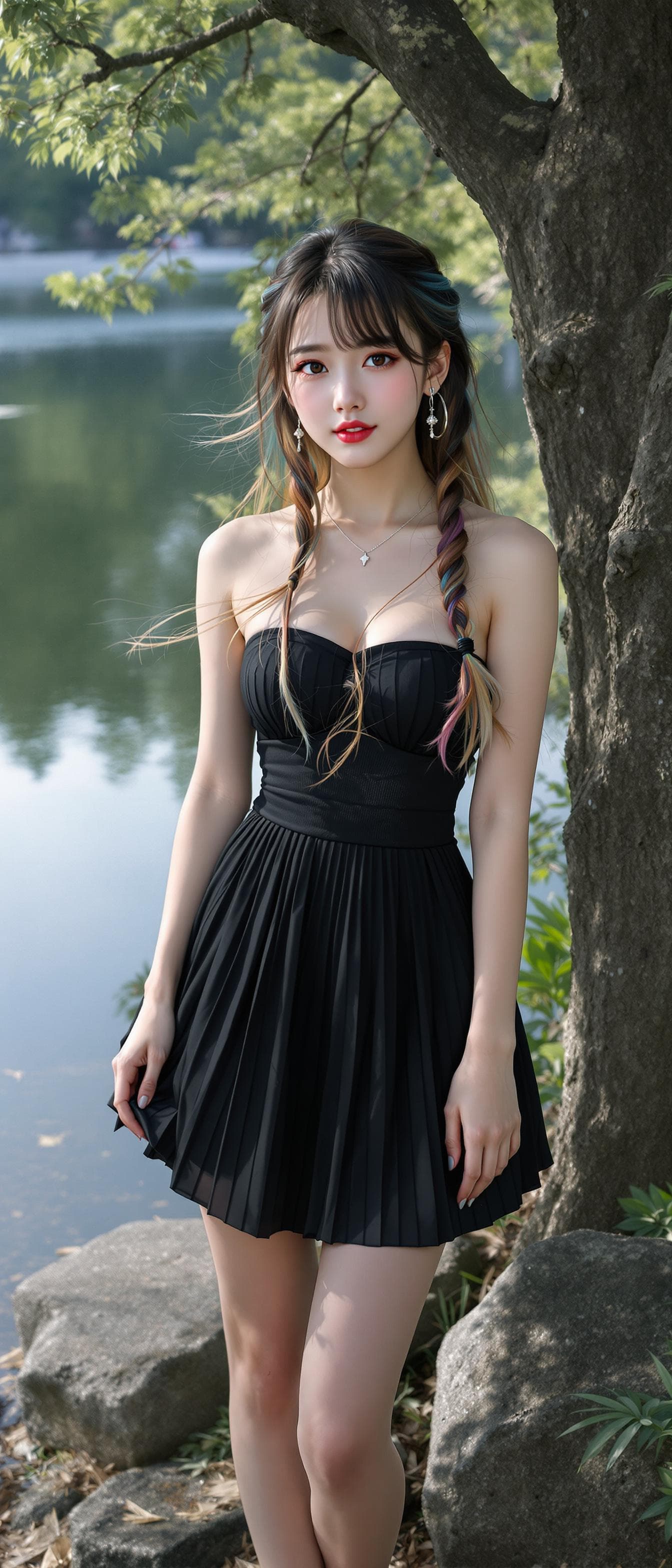 AI generated: hyperrealistic, korean girl, korean ulzzang face, a girl, beautiful, wearing a black strapless, plea...