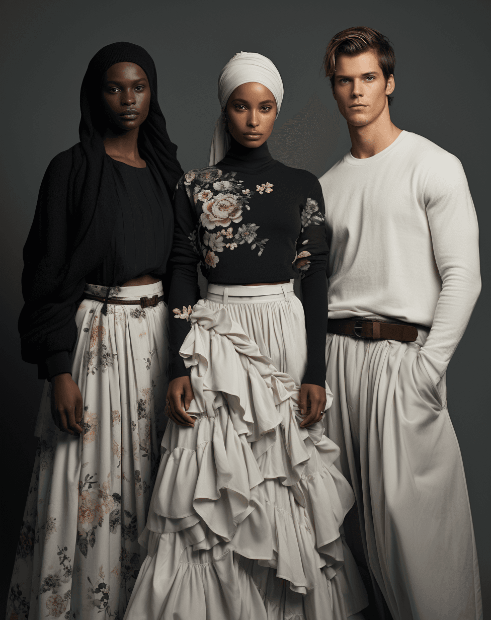 AI generated: A photo of four European and American models wearing modern and luxurious outfits, posing for the ca...