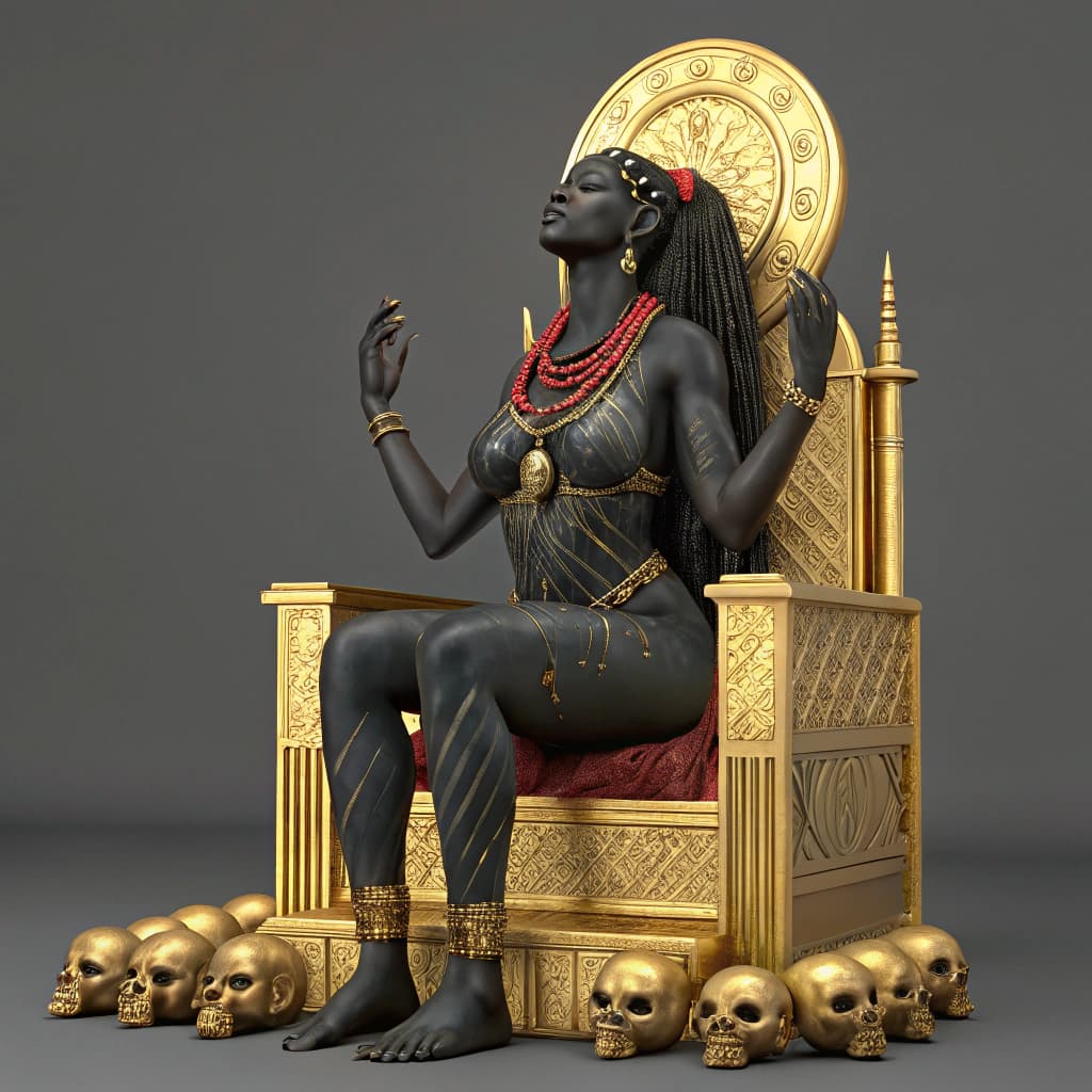 AI generated: A goddess is sitting on golden throne , her body color is jet black , she is smearing oily black pai...
