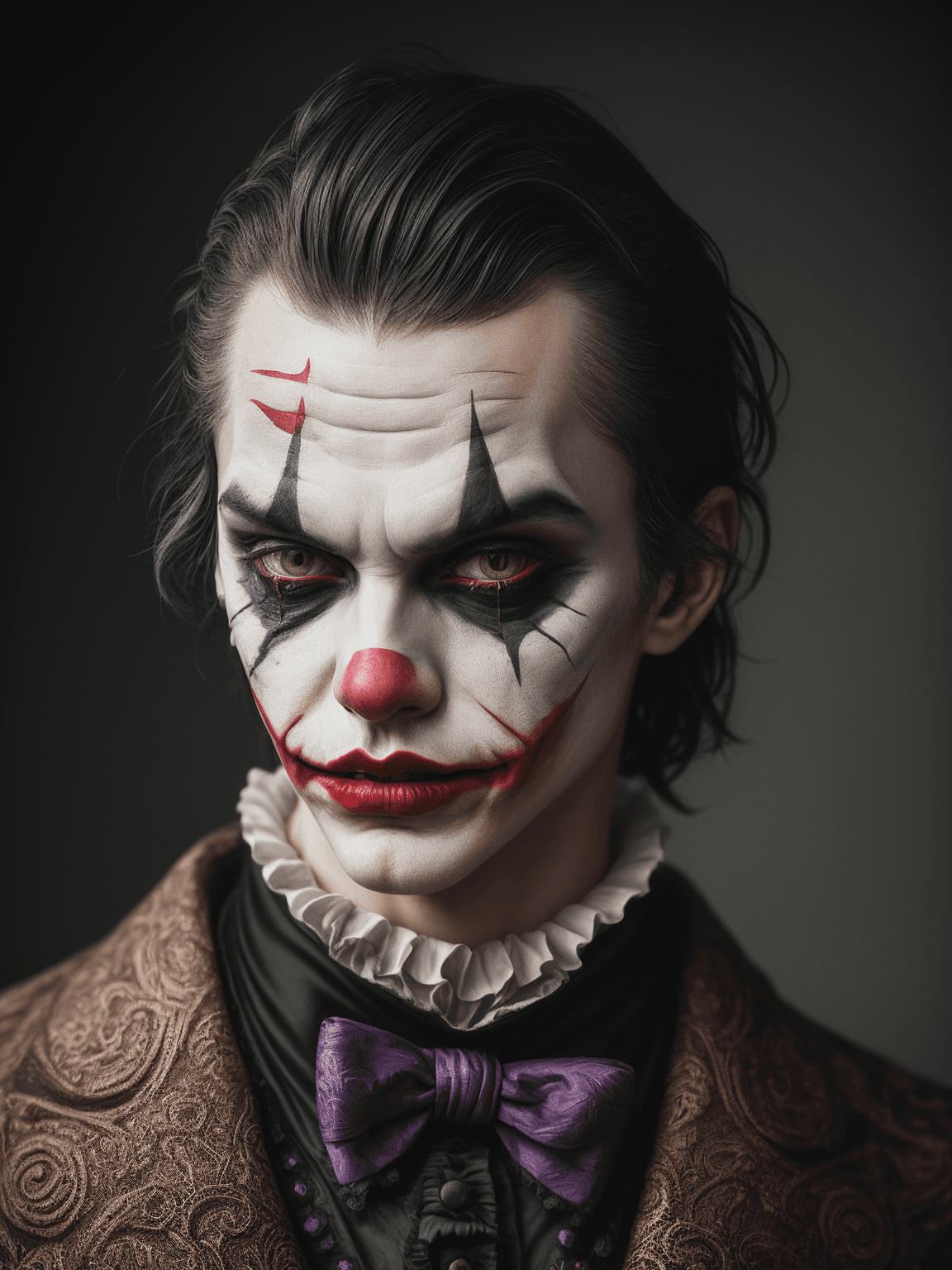 AI generated: Fashion photography of a joker, 1800s renaissance, clown makeup, editorial, insanely detailed and in...