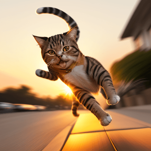 AI generated: Photography, dynamic action shot of a cat leaping, golden sunset backdrop, visualize using a camera ...