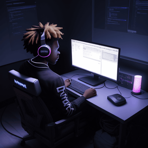 AI generated: photo of 18 year old african american coding, dramatic light, cinematic lighting, view back high ang...