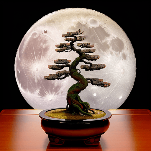 AI generated: full moon with nuances of the YinYan, in the center of Yin insert a bonsai tree and in the center of...