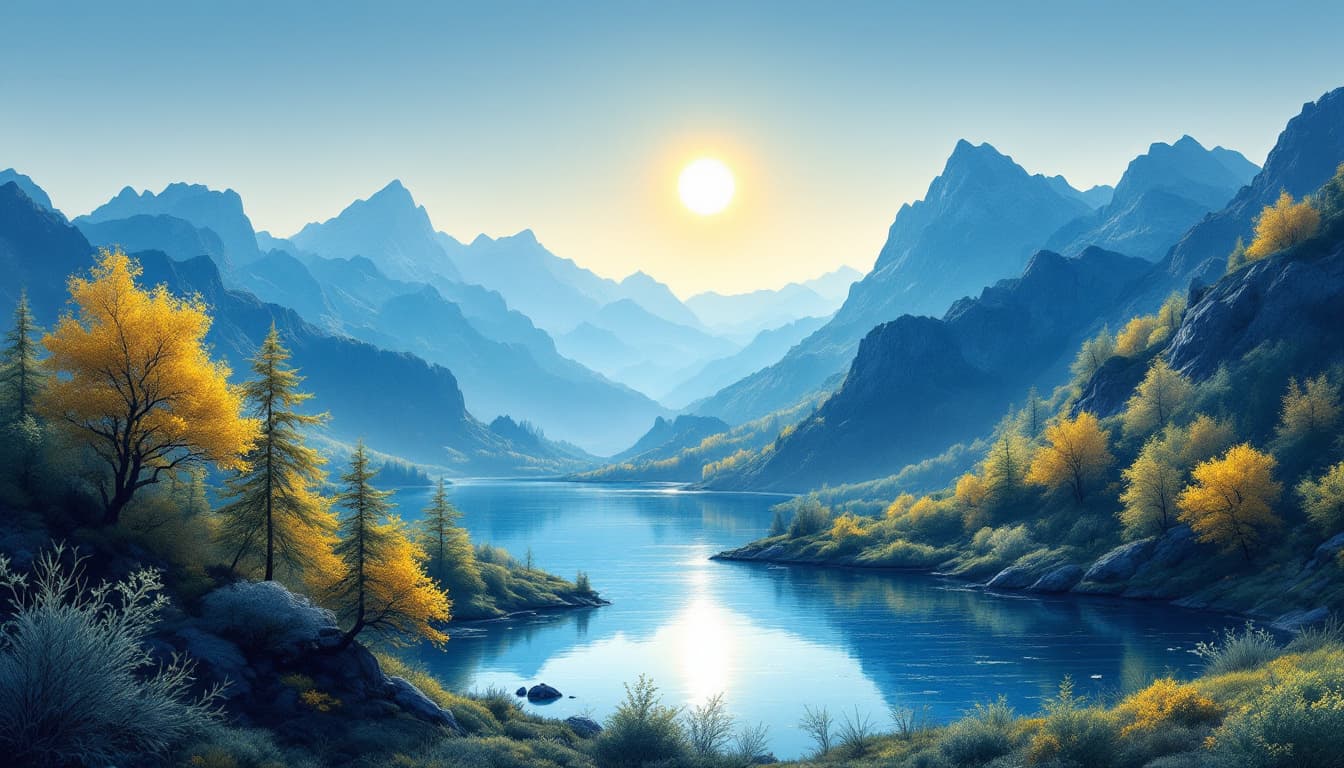 AI generated: Paisagem montanhosa em tons terrosos e azulados, com lago dourado,  formato de aquarela, árvores de ...