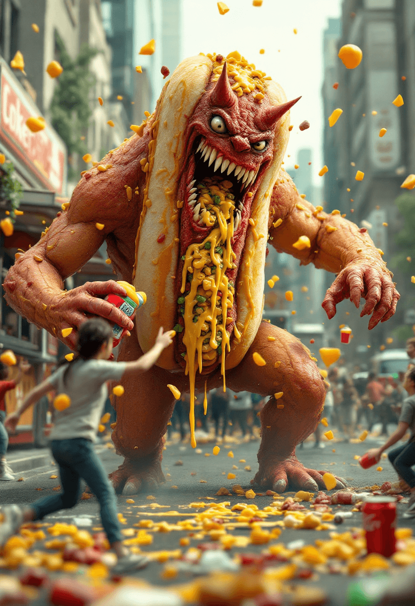 AI generated: A 3D (8K) photorealistic (hyper- detailed) image of a full body (((hotdog))) monster with a bun cove...