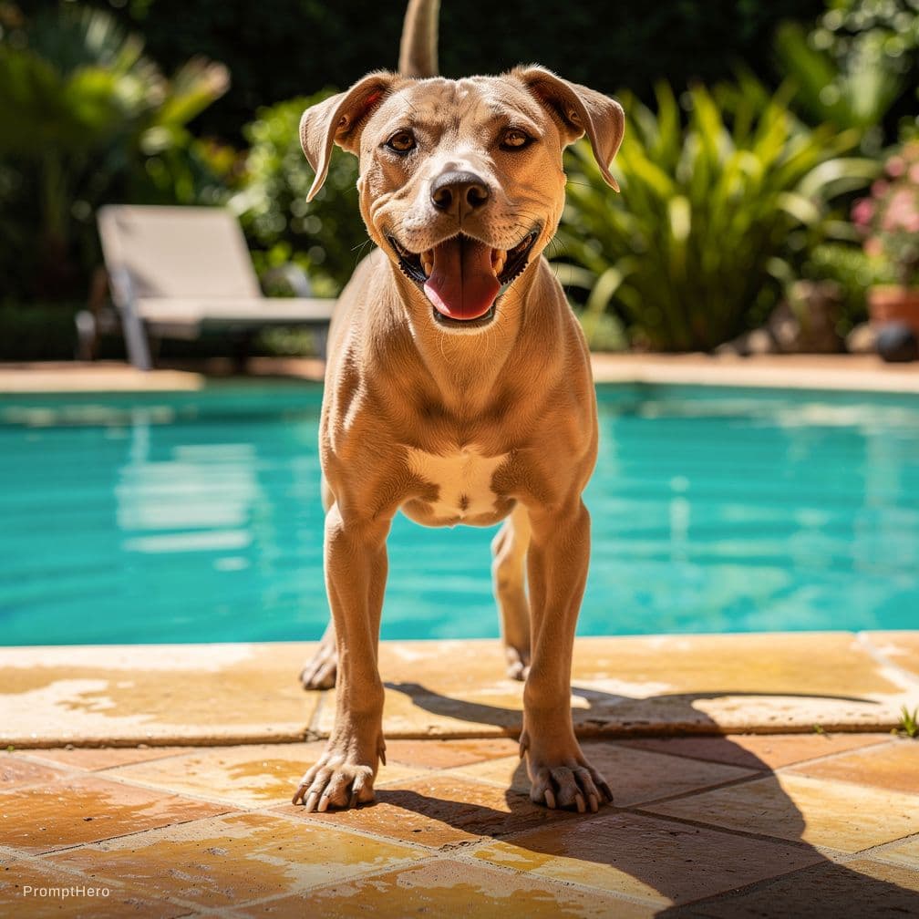 AI generated: Naked doggy pose pool side
