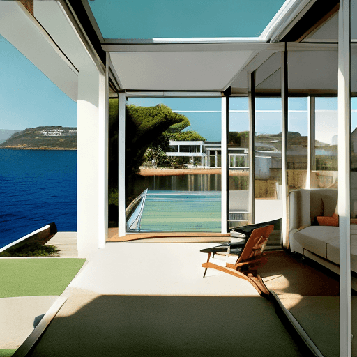 AI generated: Hyper realistic eye level exterior photo of a mid century modern style house overlooking the ocean, ...