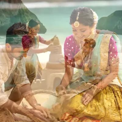 AI generated video: A young Indian couple is kneeling together on the golden sands of Phra Nang Beach, Krabi, Thailand, ...