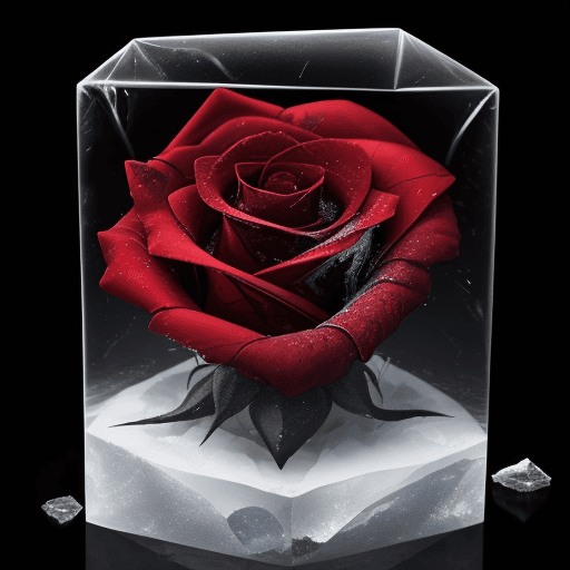 AI generated: close-up photo of a beautiful red rose breaking through a cube made of ice , splintered cracked ice ...