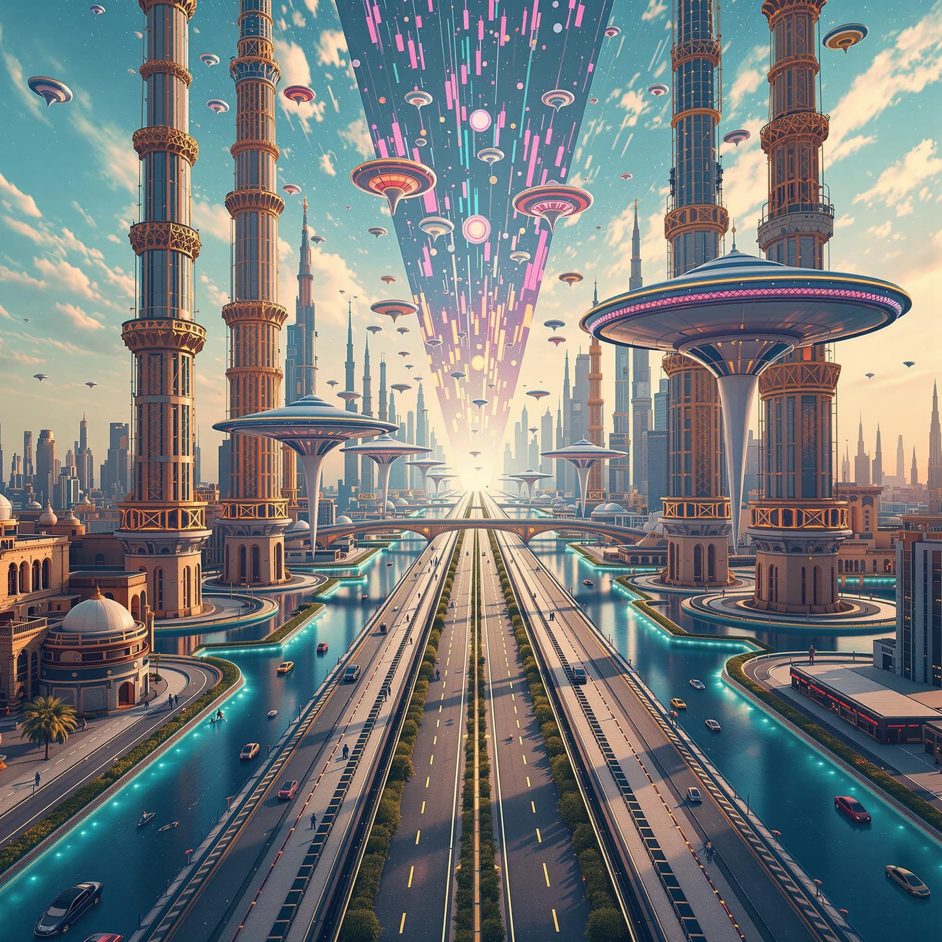 AI generated:  Psychedelic, surreal, High resolution photography, Dubai, 2004 years from now. flying saucers, Road...