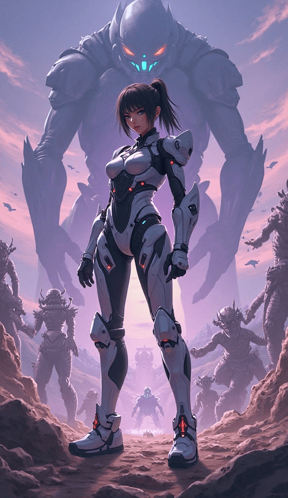 AI generated: a manga or anime style picture of a anime woman cosplay warrior in a sci-fi look facing a Hord of Al...