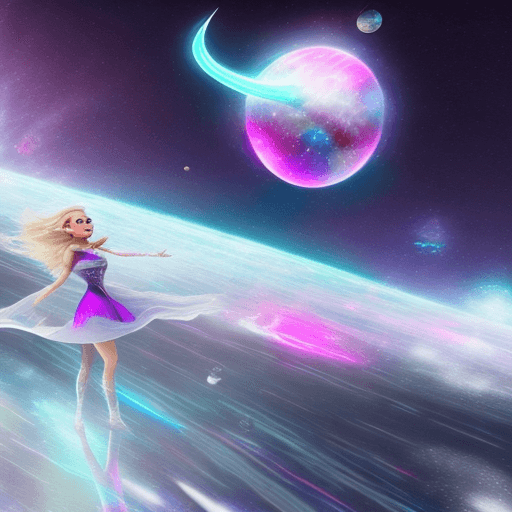 AI generated: Hyper realistic picture of Elsa like a God flying in space with planets floating around Elsa, flying...