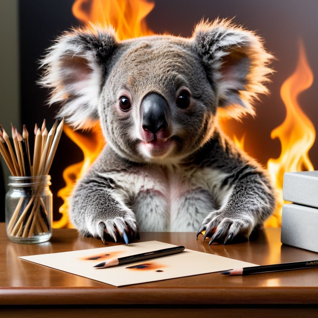 AI generated: ais-matches, burning demon koala, on desk, (Masterpiece:1.3), (best quality:1.3), <lora:add_detail:0...