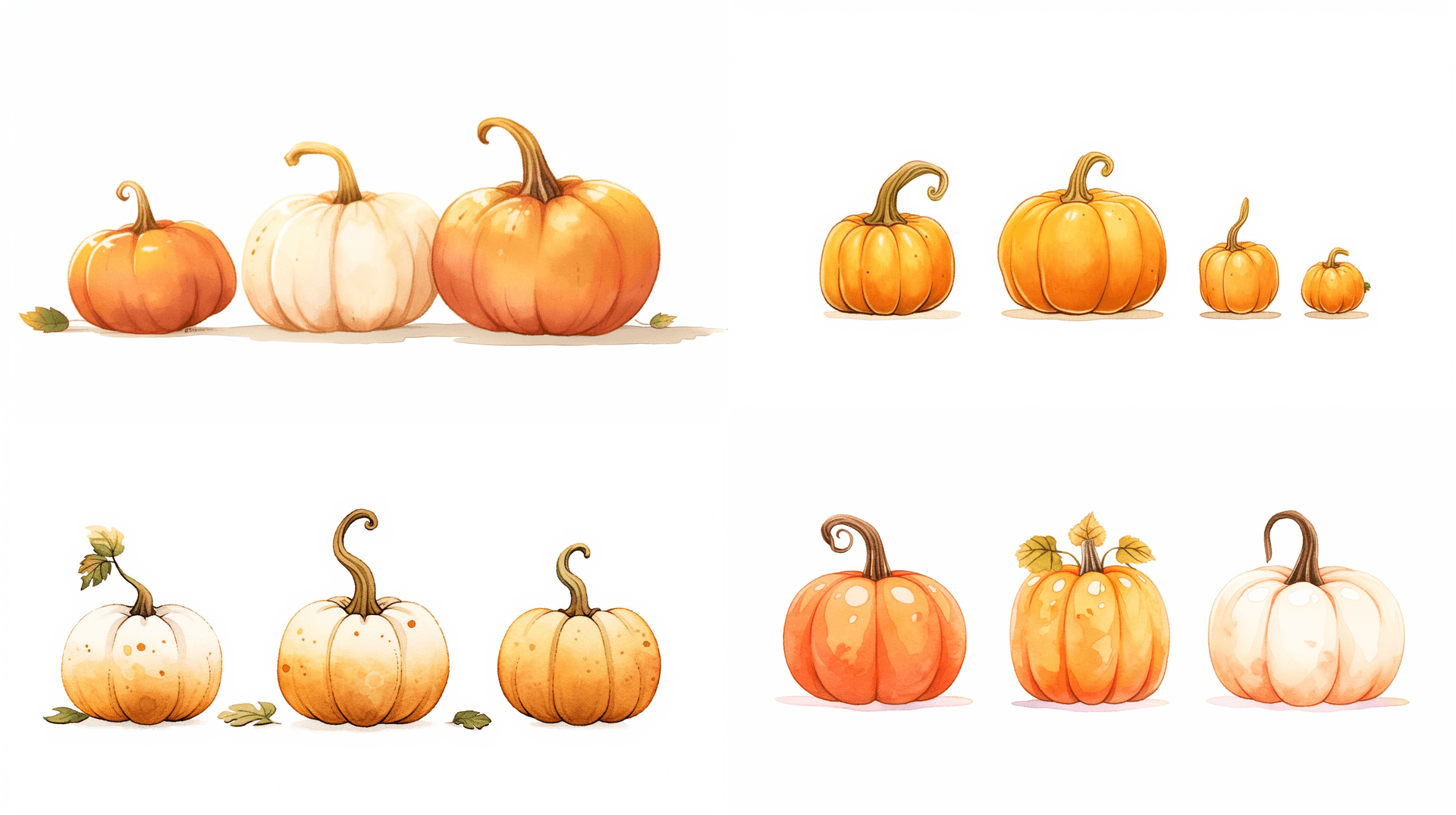 AI generated: An knolling illustration of 3 pumpkins in warm autumn colors. white background, adding depth to the ...