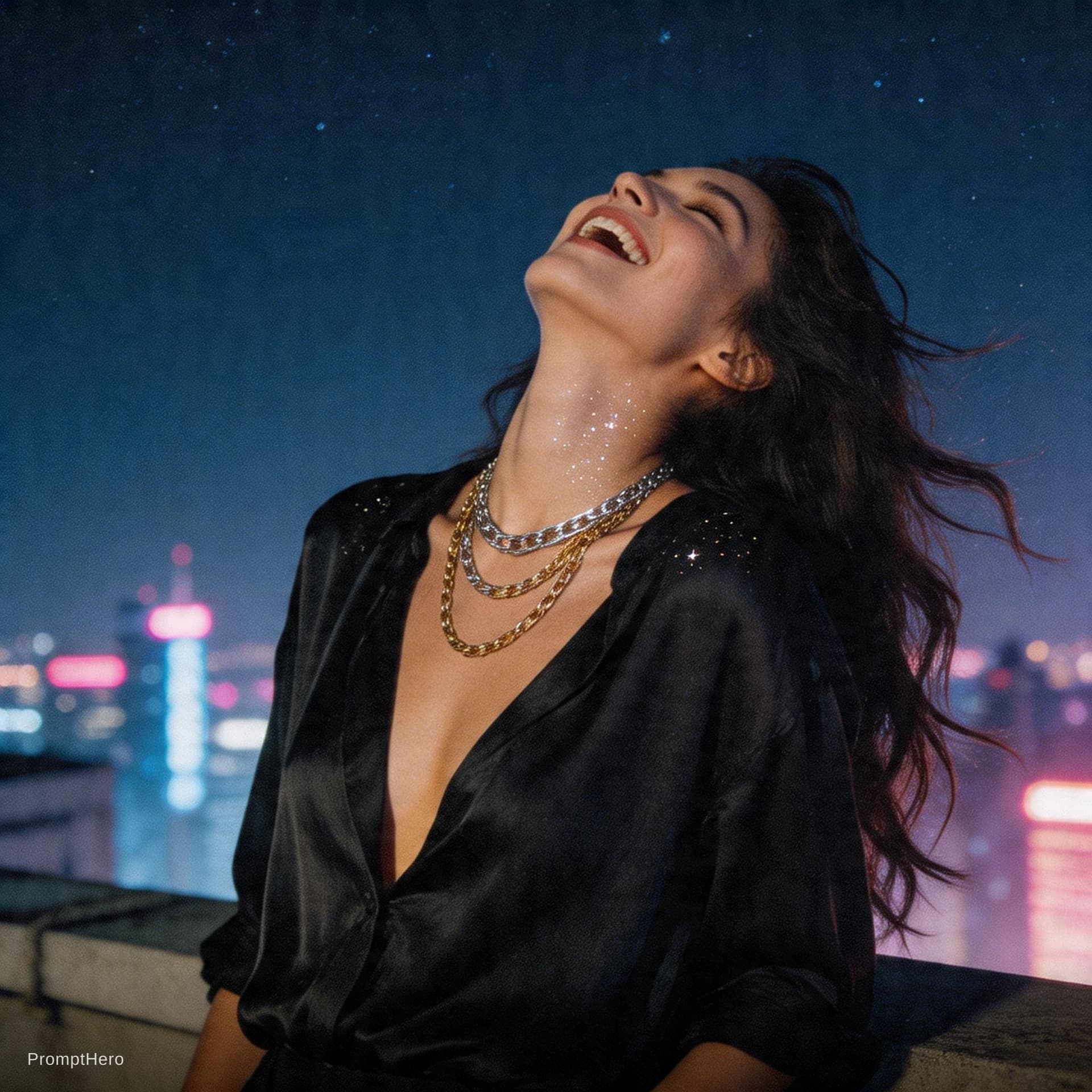 AI generated: A grainy, high-ISO rooftop documentary scene captures a tall, statuesque woman with long, dark, wind...
