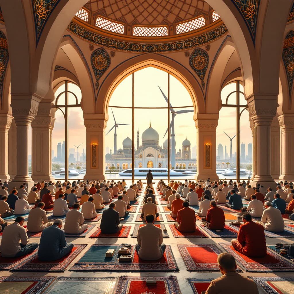 AI generated: Muslims are standing in orderly rows inside the mosque, each holding a prayer rug, prayer beads, and...
