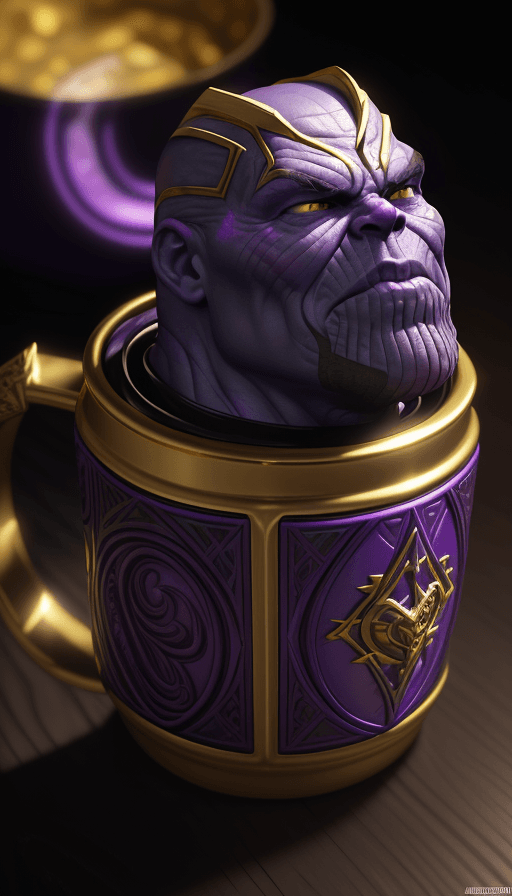 AI generated: Mug on the table with the design and character of Thanos The Mug is gold and purple dark, no waterma...