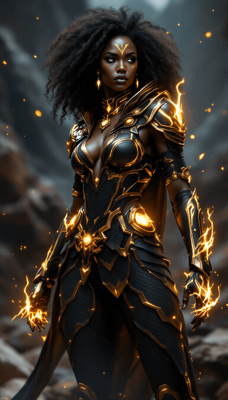 AI generated: /imagine prompt: A fierce African woman with rich ebony skin, bold gold tribal markings on her face,...