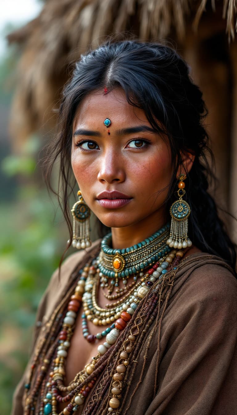 AI generated: High resolution photography of a female Kyowa Indian with typical jewelry and typical clothing in ty...