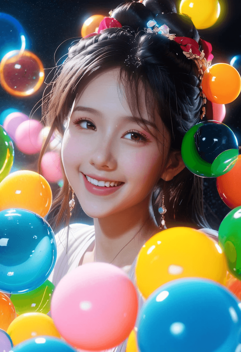 AI generated: a girl, laughing, surrounded by  colorful water bubbles