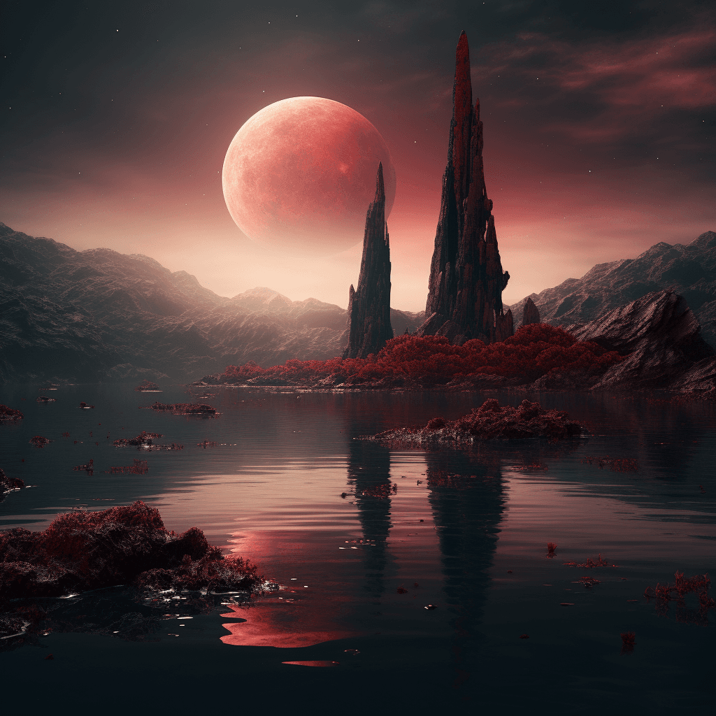 AI generated: a lake with dark red waters on the surface of Mars with two moons in the sky and with an stone tower...