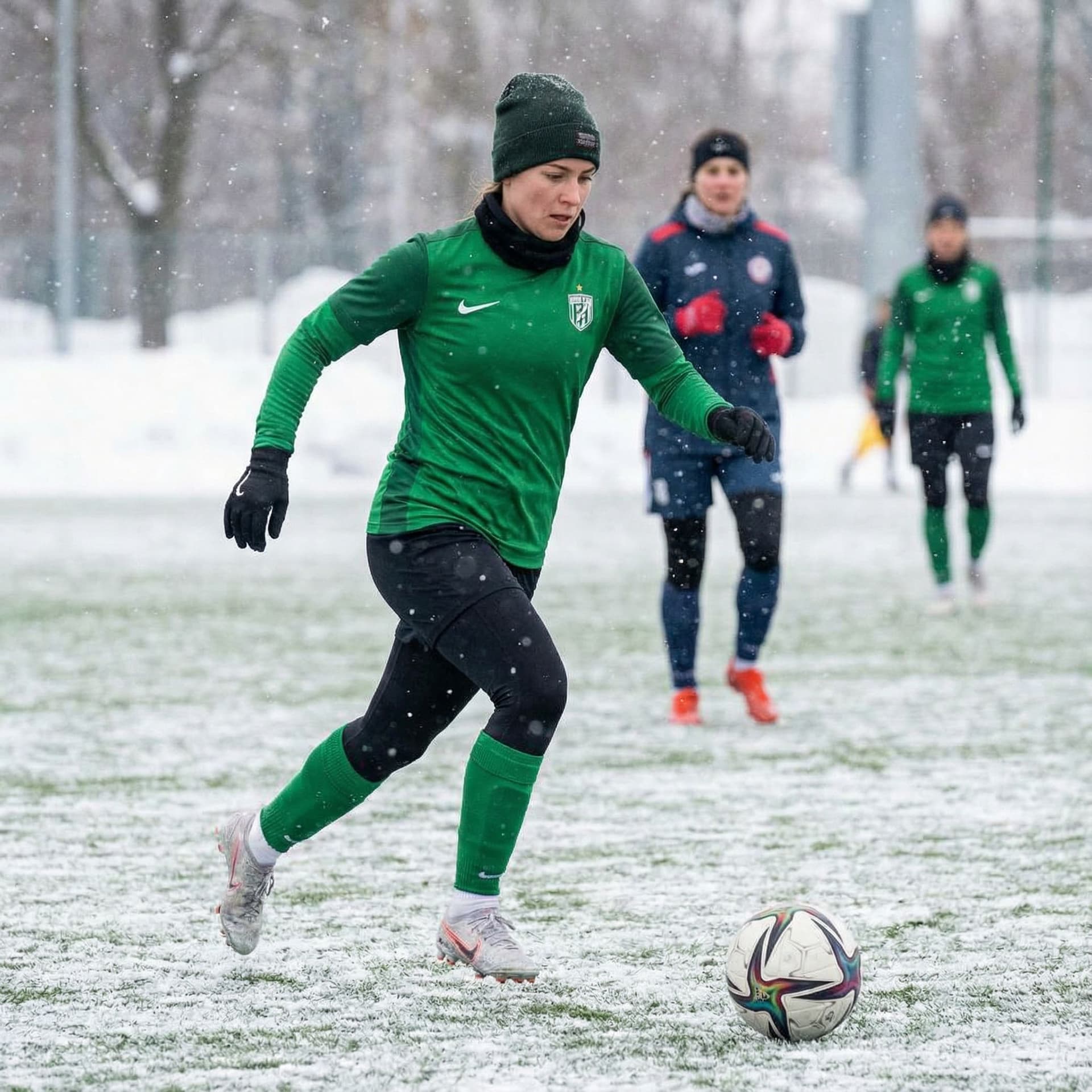 AI generated: soccer|player|femal|green shirt|winter