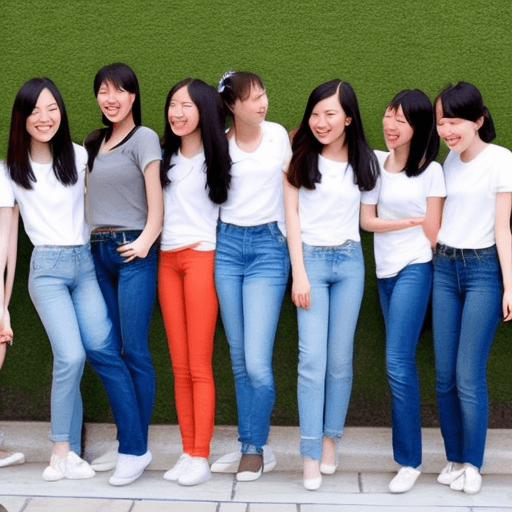 AI generated: a photo of six cute twenty-something girls in jeans and white t-shirts, from the left: chinese, japa...