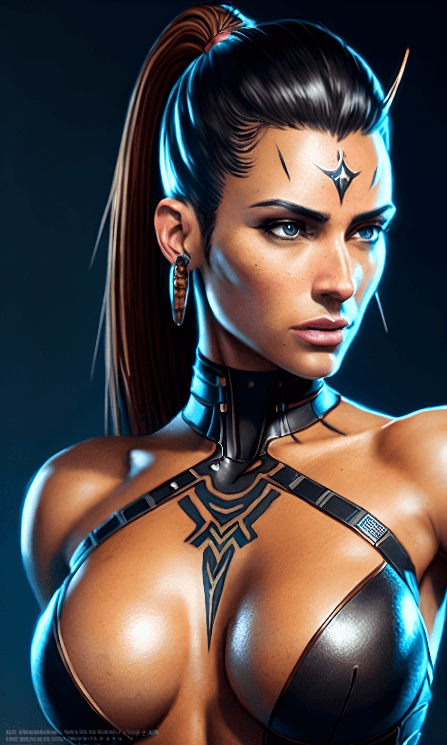 AI generated: A portrait of muscular futuristic Female Tattooed Fighter, long black ponytail hair, detailed vivid ...