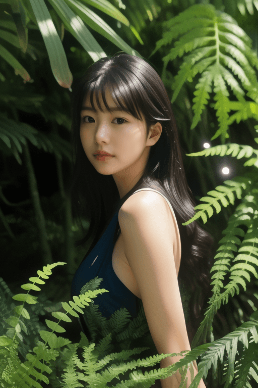 AI generated: a girl in the jungle, with a great view of the beach, an aphrodisiac and virgin beach, where you can...