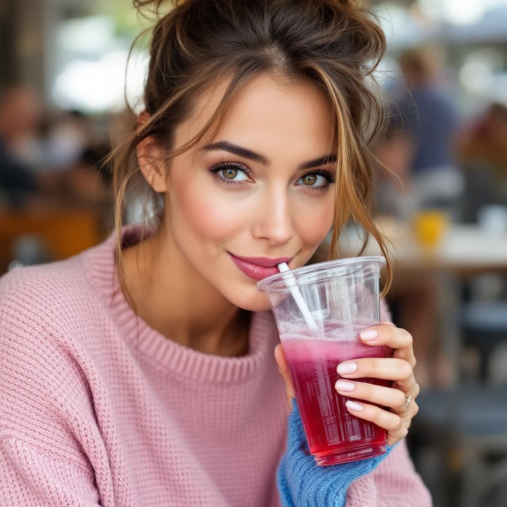 AI generated: A woman sitting outdoors, sipping a drink from a transparent cup with a straw,grape juice, wearing a...