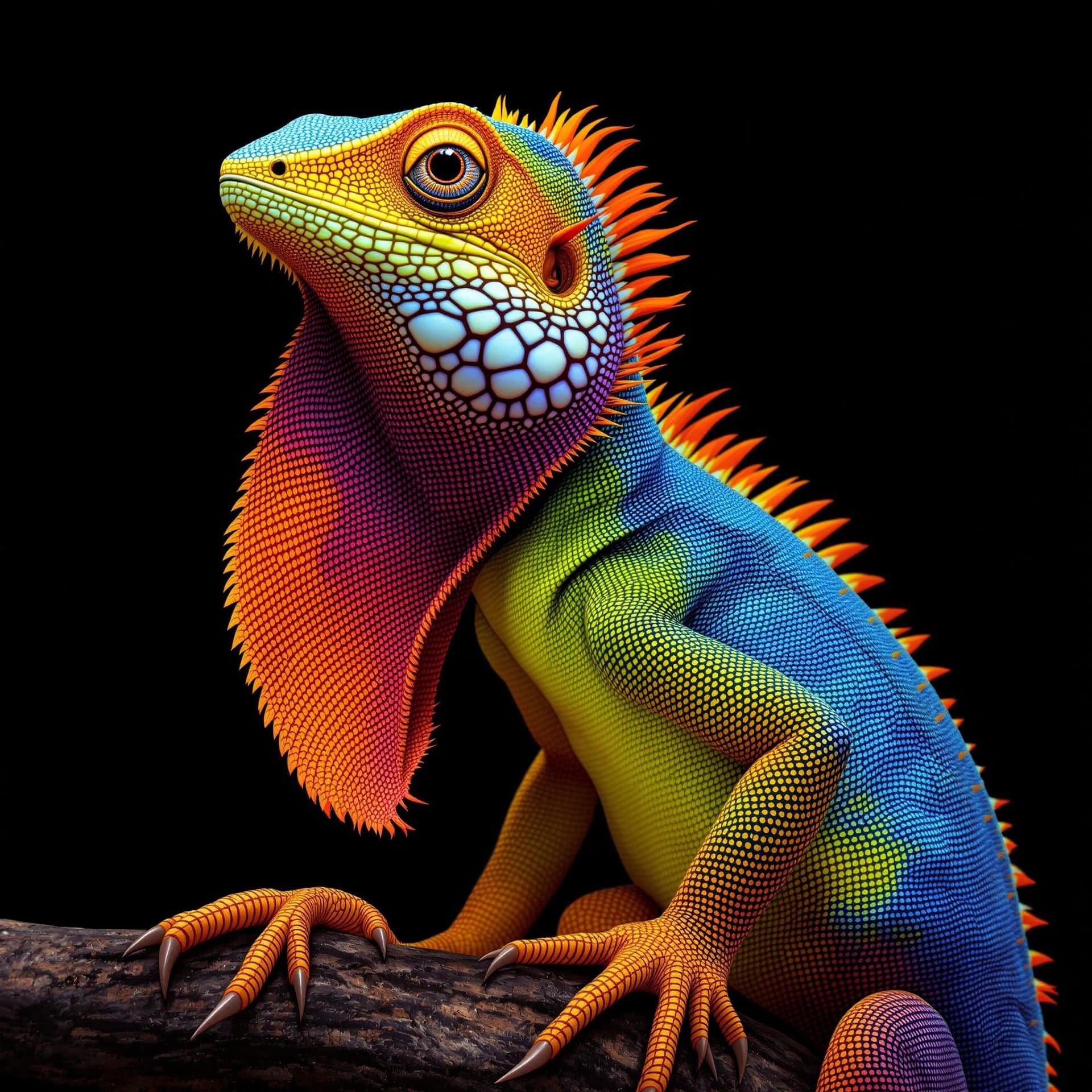 AI generated: The portrait image features a large, colorful lizard with a long neck and a long tail. The lizard is...