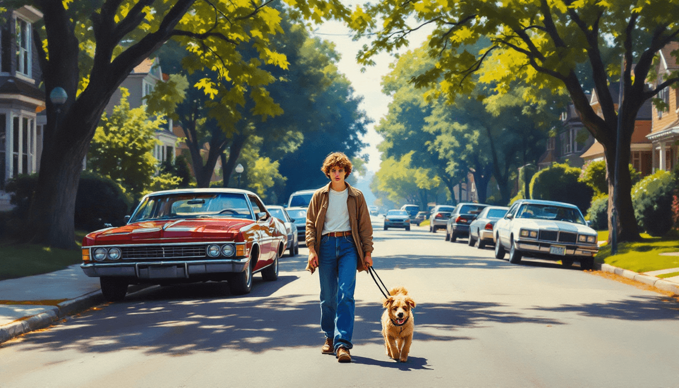 AI generated: In the style of Norman Rockwell, oil painting, front view of a 15yo teen ager walking only one dog i...