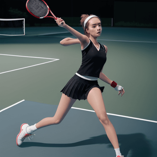 AI generated: This shot shows a girl playing tennis on a court at night. She is in the process of serving, with he...